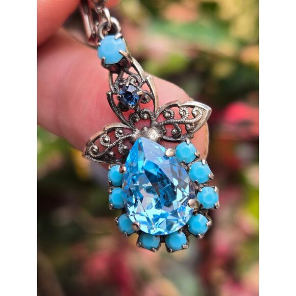 Vintage NIKOLAS FRANGOS Blue Swarovski Crystal Chandelier Earrings, Stunning! - Picture 6 of 10